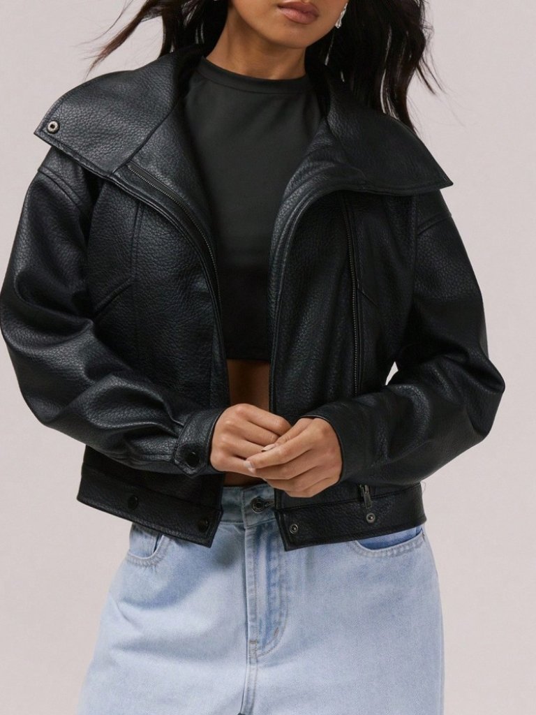 Black Faux Leather Cropped Moto Jacket With Oversized Collar